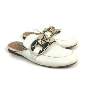 Steve Madden women’s white leather‎ slip on mules with chunky chain accent 7.5 M